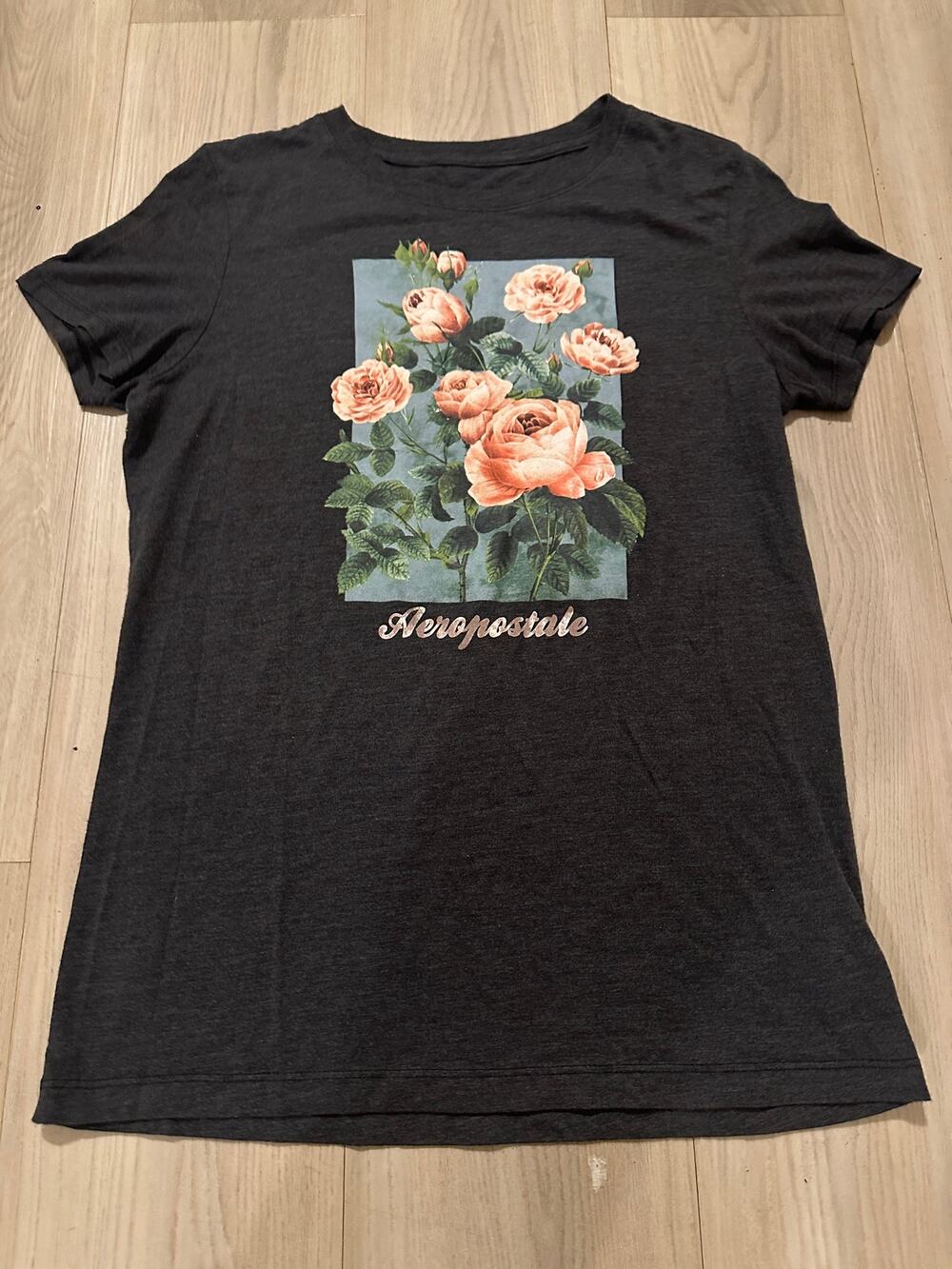 Aeropostale Gray Peach Rose Floral Graphic Classic Crew T Shirt Large L